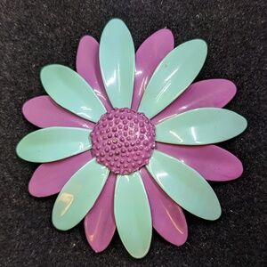 Vintage Enamel Metal Large Flower Brooch 50s 60s Purple Blue
